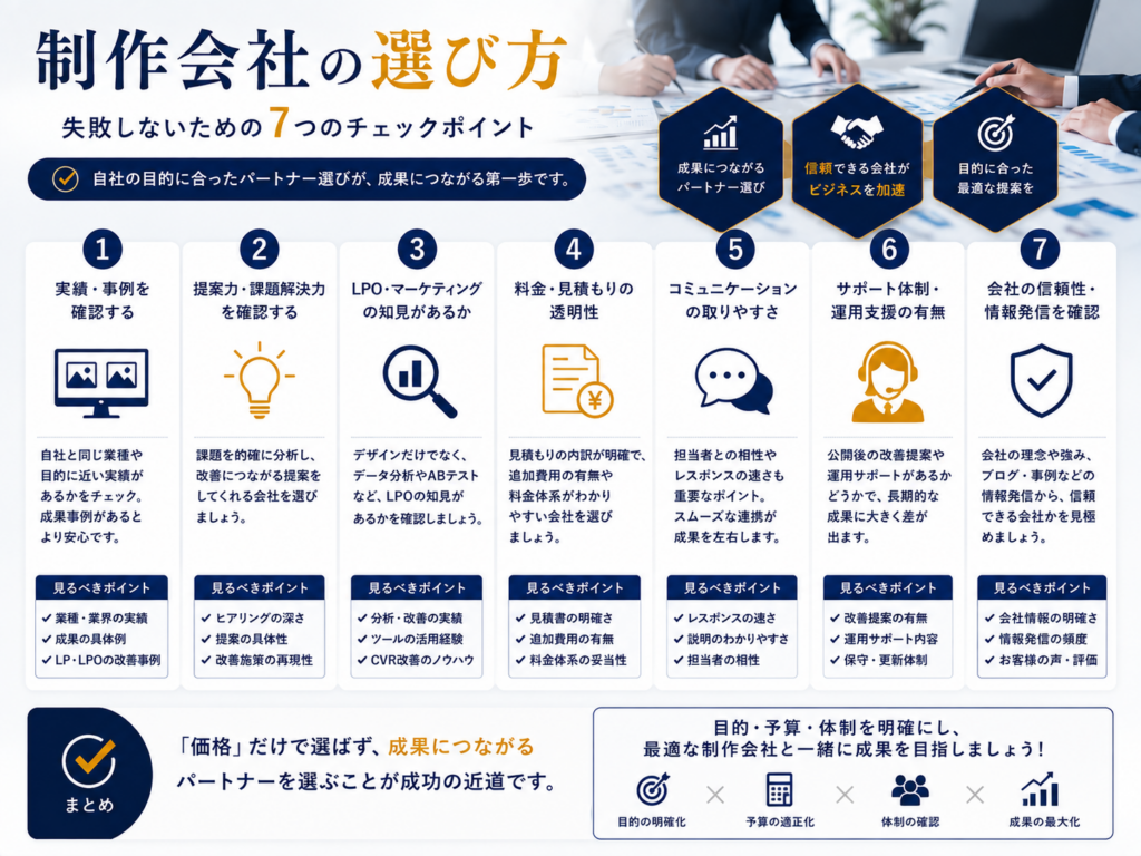 制作会社の選び方をわかりやすく解説｜実績・提案力・LPOの知見・料金・サポート体制など失敗しない7つのチェックポイントを紹介