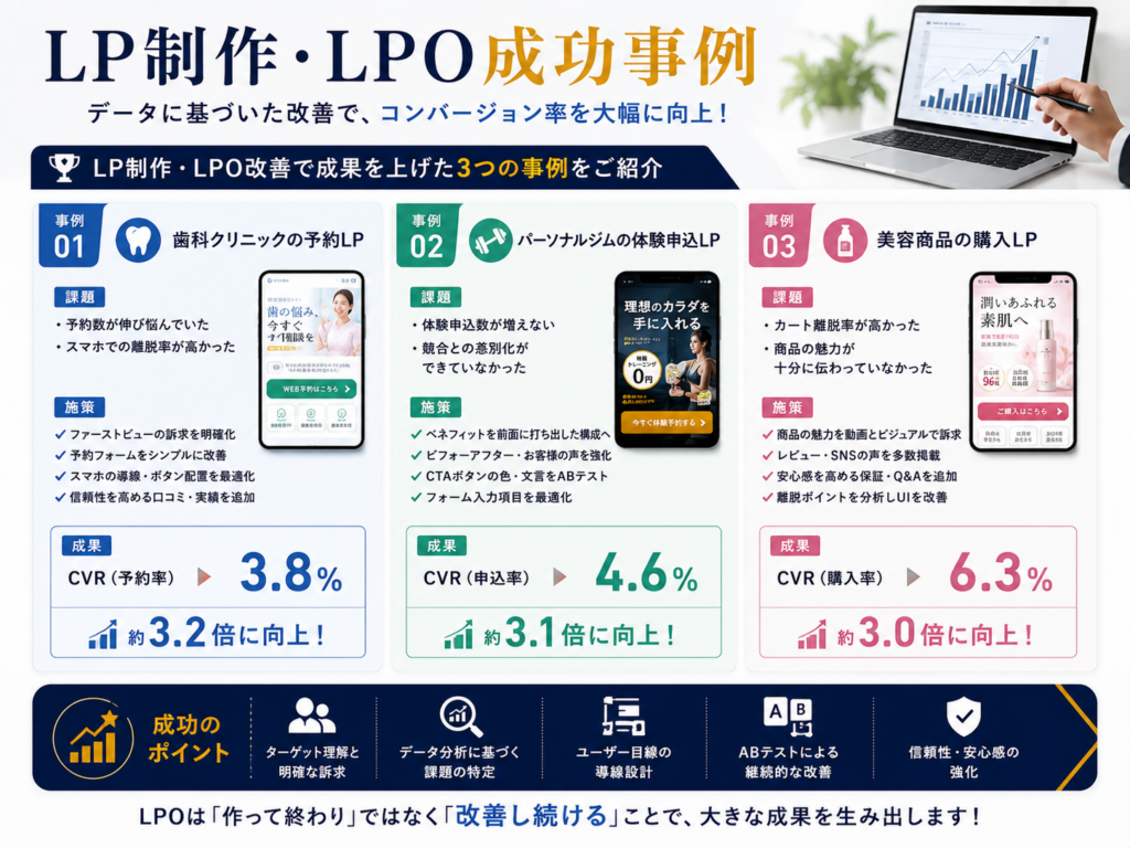 LP制作・LPO成功事例をわかりやすく紹介｜CVR改善・問い合わせ増加・売上向上につながる改善事例を解説