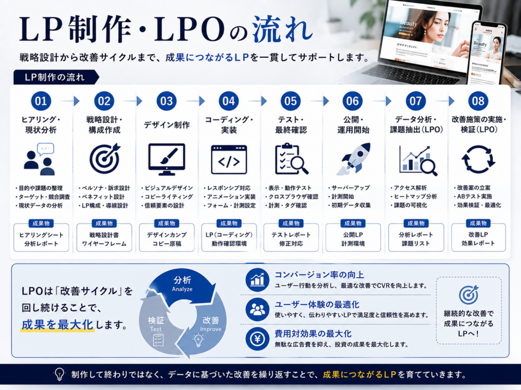 LP制作・LPOの流れをわかりやすく解説｜ヒアリングから制作・公開・LPO改善までの手順と成果につながる運用フローを紹介