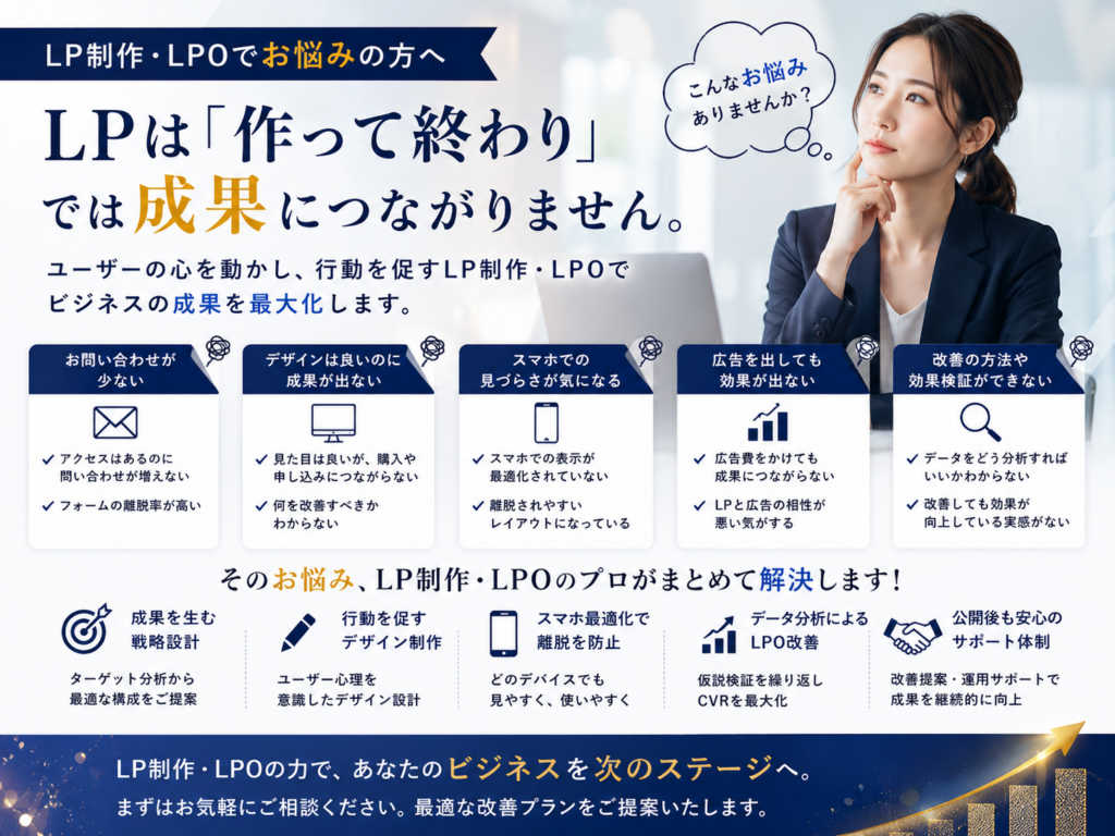 LP制作・LPOでお悩みの方へ｜問い合わせ増加・CVR向上につながるLP制作・LPO改善をサポート
