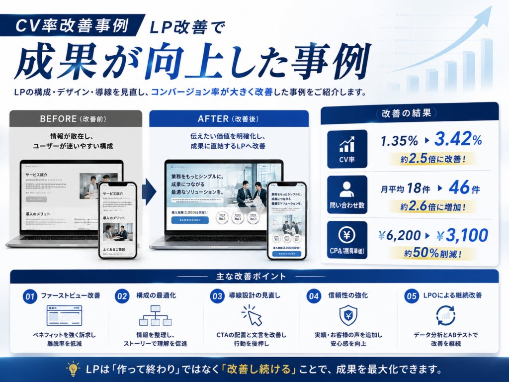 CV率改善事例｜LP改善で成果が向上した事例を紹介｜LP制作 成功事例・LPO改善・コンバージョン率向上