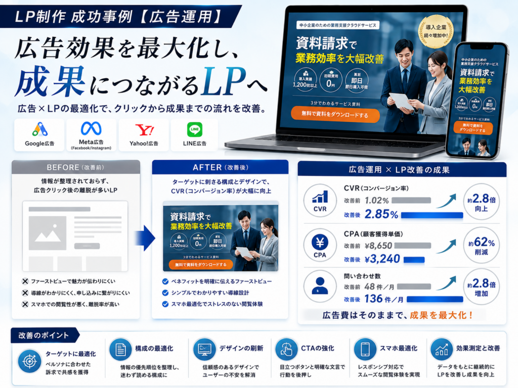 LP制作 成功事例 広告運用｜広告運用とLP改善でCV率向上・CPA改善・問い合わせ増加につながった成功事例を紹介