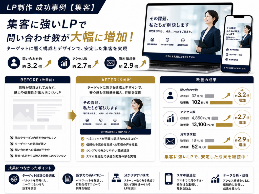 LP制作 成功事例 集客｜問い合わせ数やアクセス数の増加につながるLP改善・集客成功事例を紹介