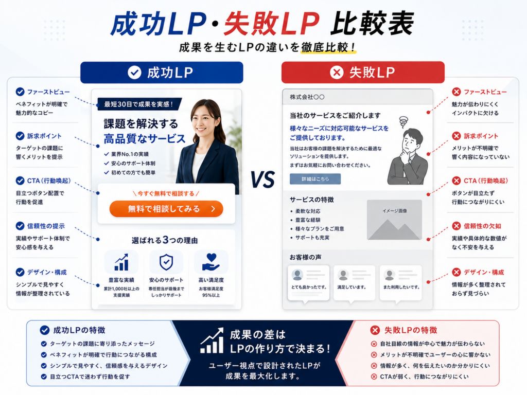 成功LP・失敗LP比較表｜LP制作 成功事例をもとに成果が出るLPと成果が出にくいLPの違いを比較