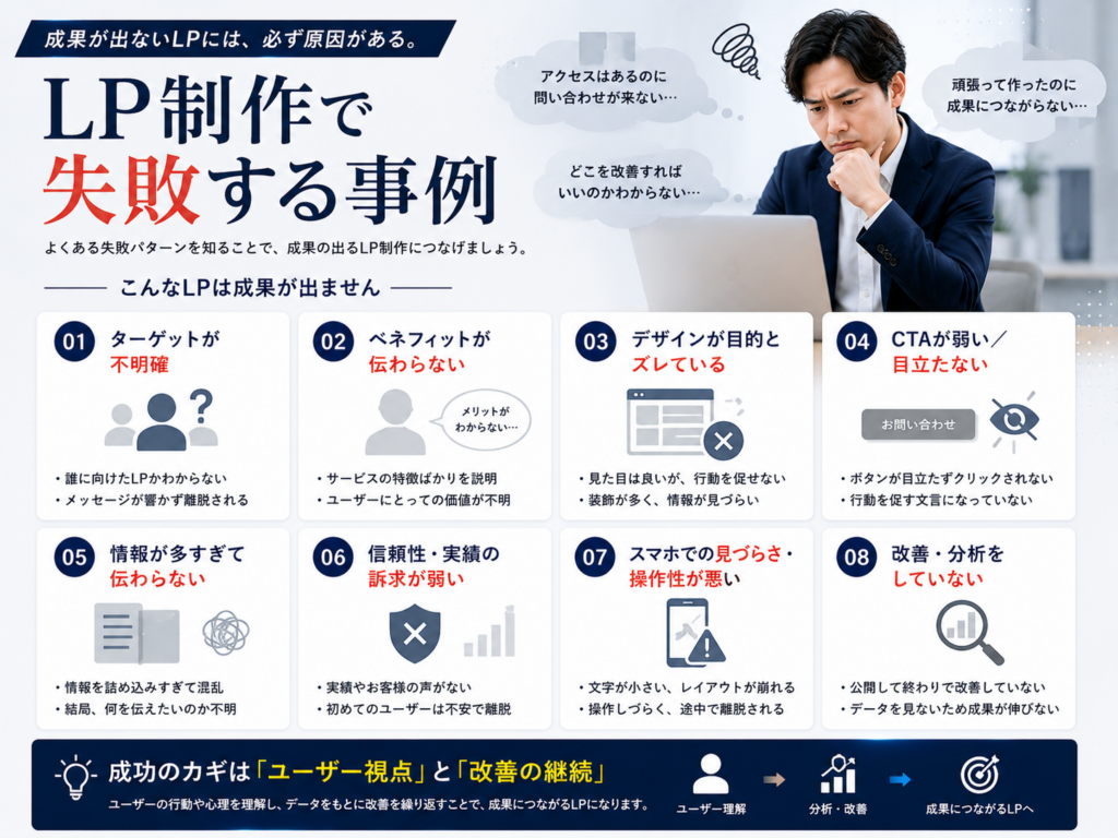 LP制作で失敗する事例｜LP制作 成功事例と比較しながら成果が出ない原因やLP改善のポイントを解説