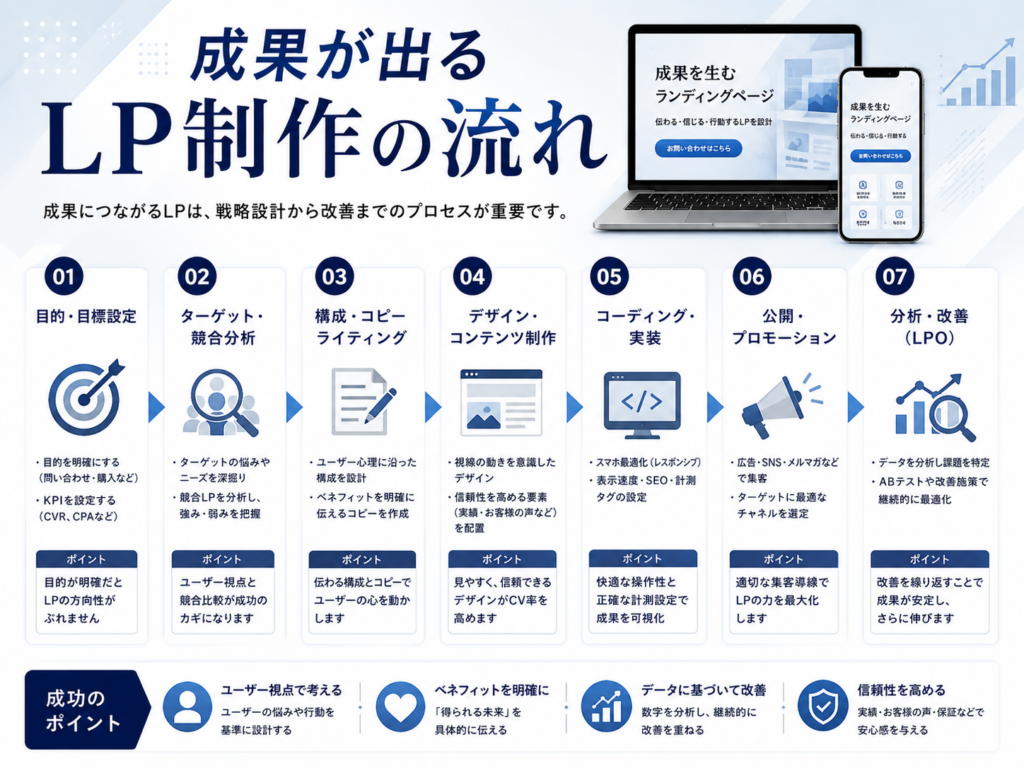 成果が出るLP制作の流れ｜LP制作 成功事例をもとに企画・構成設計・デザイン・公開・LPO改善までの制作プロセスを紹介