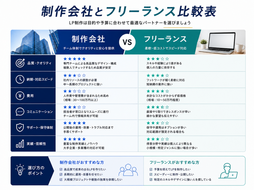 制作会社とフリーランス比較表｜LP制作 成功事例をもとに費用・品質・納期・サポート・実績を比較し最適な依頼先を紹介