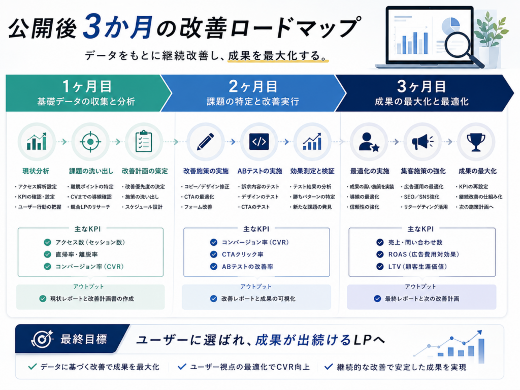 公開後3か月の改善ロードマップ｜LP制作 成功事例をもとにLPO・CV率向上・成果改善の進め方を紹介