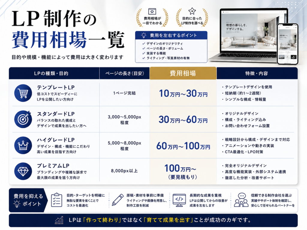 LP制作の費用相場一覧｜LP制作 成功事例をもとに費用相場・料金目安・LPの種類別費用・依頼時のポイントを紹介
