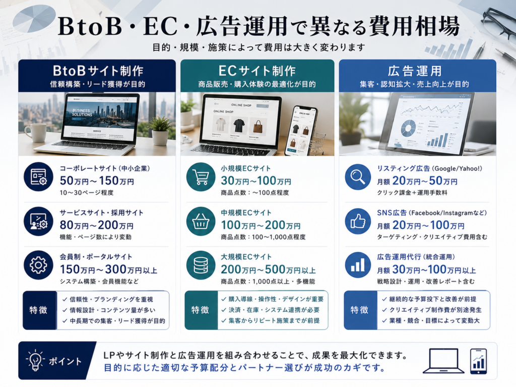 BtoB・EC・広告運用で異なる費用相場｜LP制作 成功事例をもとに業種別・目的別のLP制作費用相場を比較