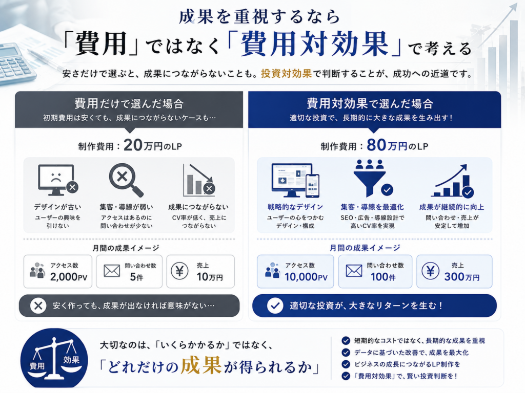 成果を重視するなら「費用」ではなく「費用対効果」で考える｜LP制作 成功事例をもとに費用対効果・CV率向上・売上アップにつながるLP制作の考え方を紹介