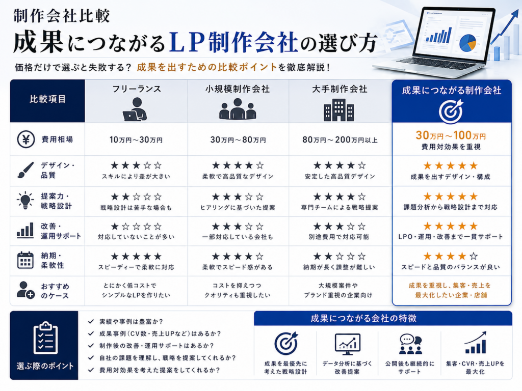 制作会社比較｜成果につながるLP制作会社の選び方を紹介｜LP制作 成功事例をもとに制作会社の比較ポイントや選び方を解説