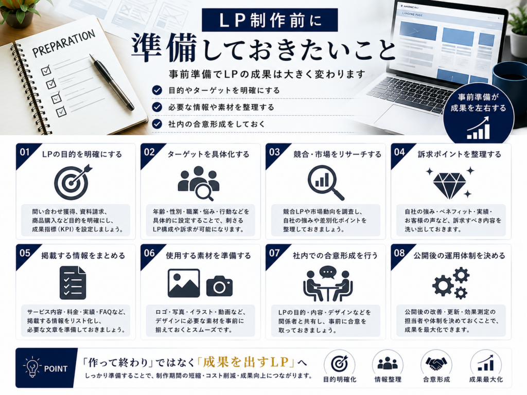 LP制作前に準備しておきたいこと｜LP制作 成功事例をもとに成果につながる事前準備やターゲット設定、構成設計のポイントを紹介