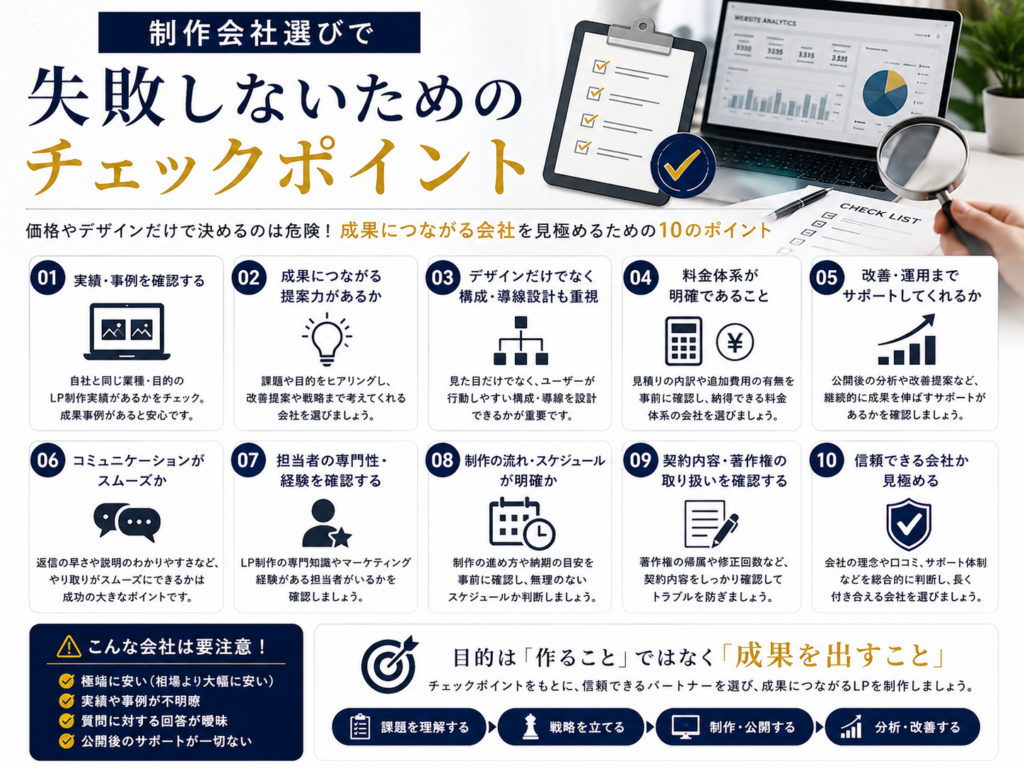 制作会社選びで失敗しないためのチェックポイント｜LP制作 成功事例をもとに成果につながる制作会社の選び方を紹介