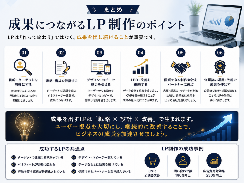 まとめ｜LP制作 成功事例から学ぶ成果につながるLP制作のポイントやLPO・CV率向上の重要性を紹介