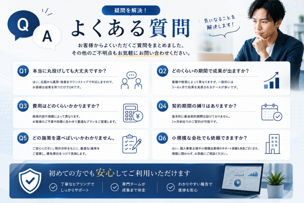 WEB集客丸投げサービスのよくある質問|料金・契約・SEO対策・Web広告・サポートに関するFAQ