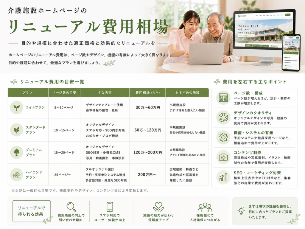 介護施設ホームページのリニューアル費用相場|料金の目安と費用を左右するポイント