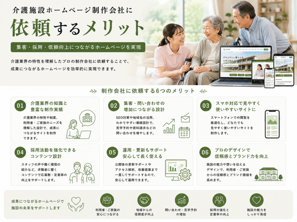 介護施設ホームページ制作会社に依頼するメリット|集客・採用・SEO・運用を強化