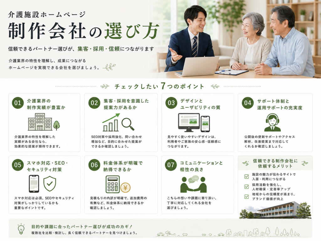 介護施設ホームページ制作会社の選び方|実績・SEO・料金・サポートを比較するポイント