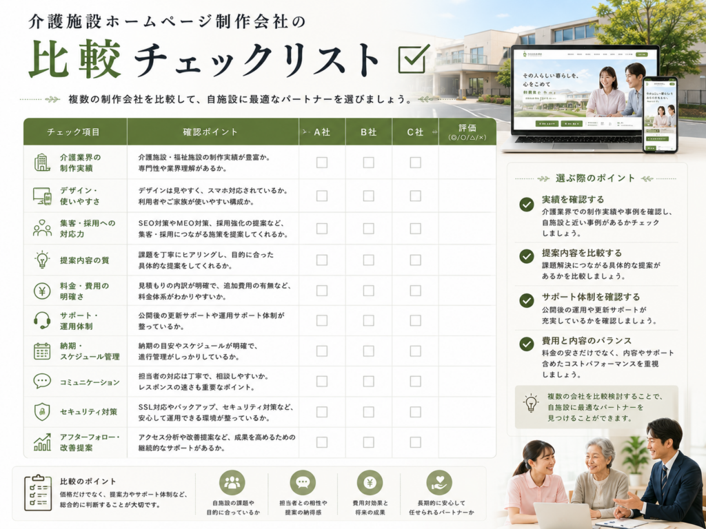 介護施設ホームページ制作会社の比較チェックリスト|実績・費用・SEO・サポート体制の確認ポイント
