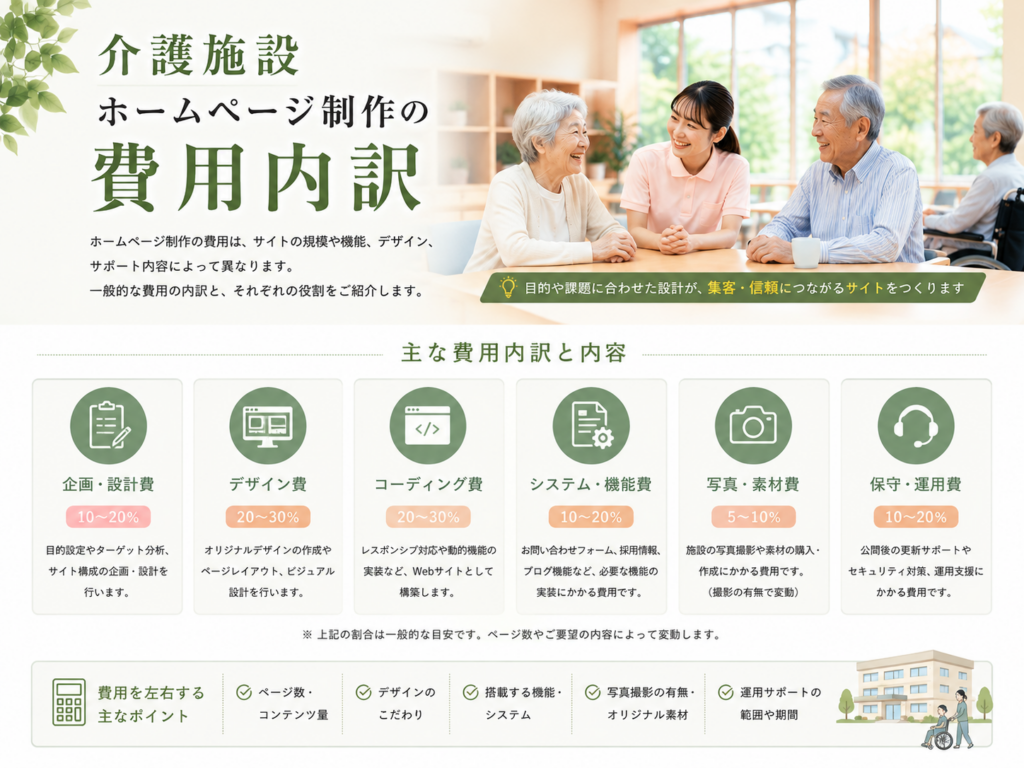 介護施設ホームページ制作の費用内訳|企画・デザイン・コーディング・機能・保守運用費