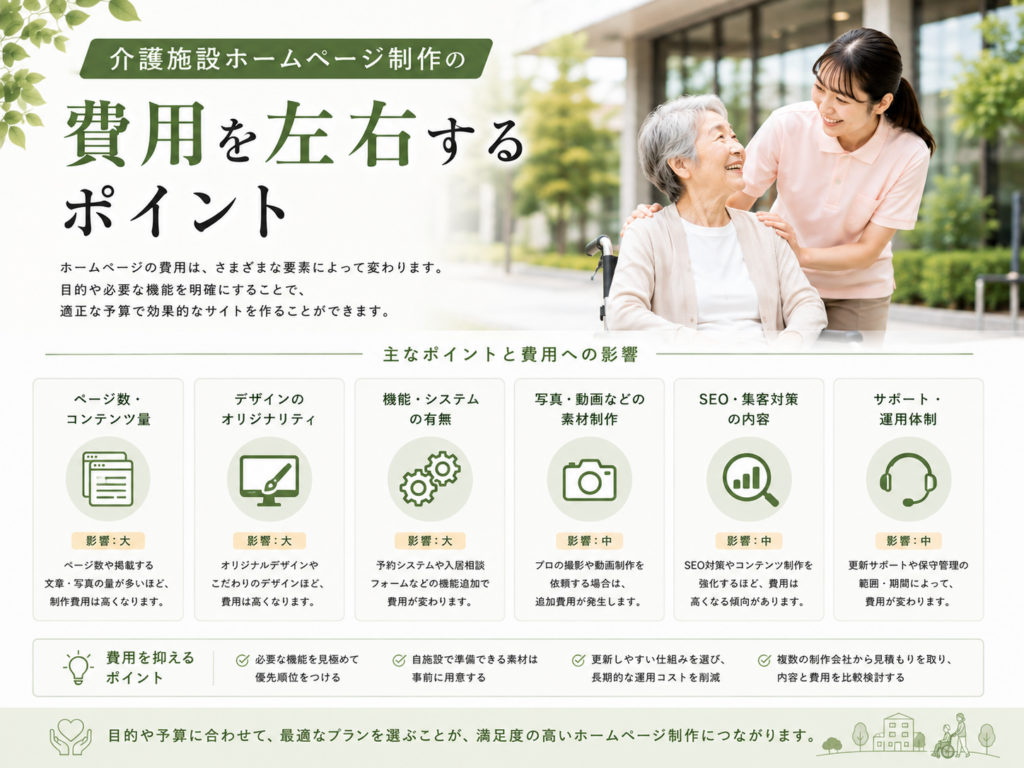 介護施設ホームページ制作の費用を左右するポイント|ページ数・デザイン・機能・SEO・運用