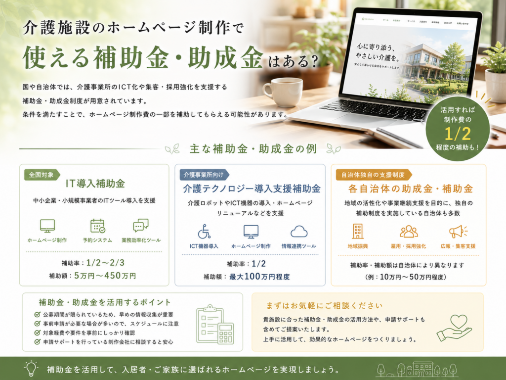 介護施設ホームページ制作で使える補助金・助成金|制度の種類と活用ポイント