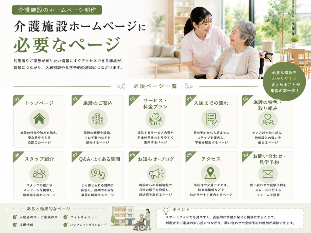 介護施設ホームページに必要なページ|施設案内・料金・スタッフ紹介・見学予約など