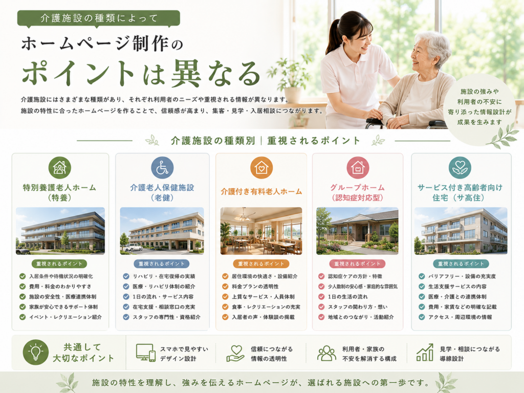 介護施設の種類によって異なるホームページ制作のポイント|特養・老健・有料老人ホーム・グループホーム・サ高住