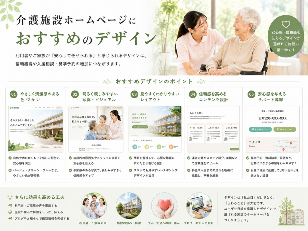 介護施設ホームページにおすすめのデザイン|安心感・信頼感を高めるサイト制作のポイント