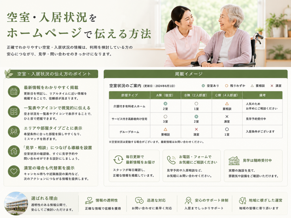 介護施設の空室・入居状況をホームページで伝える方法|見学・入居相談につなげるポイント