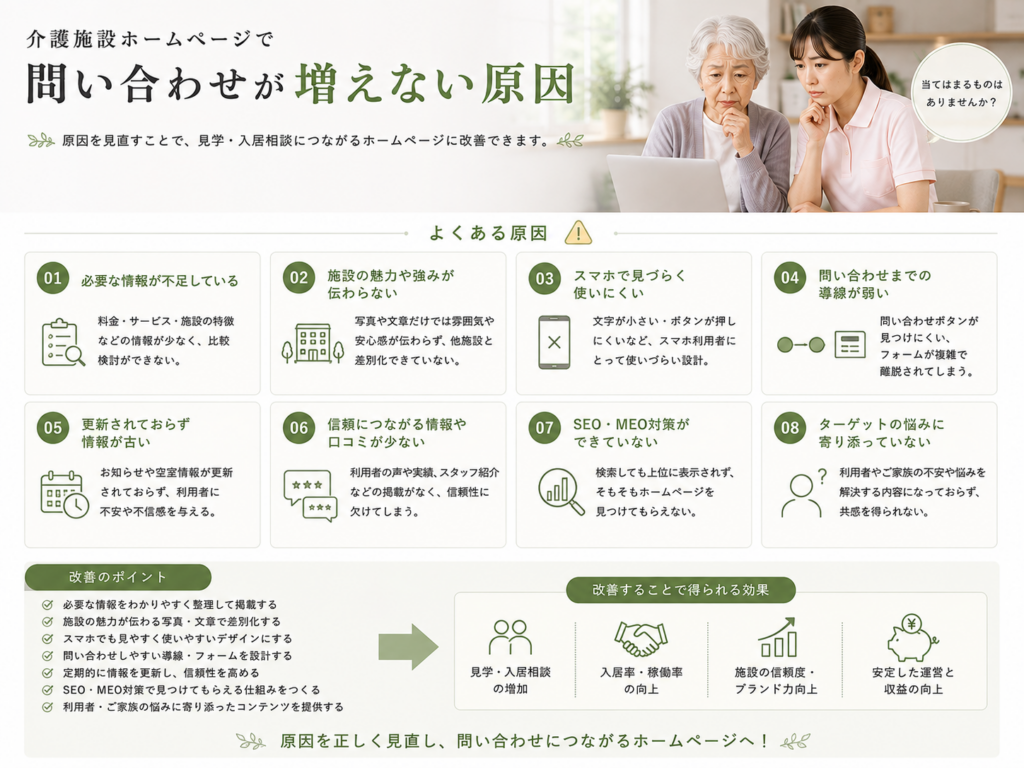 介護施設ホームページで問い合わせが増えない原因|導線・情報不足・SEO対策の改善ポイント