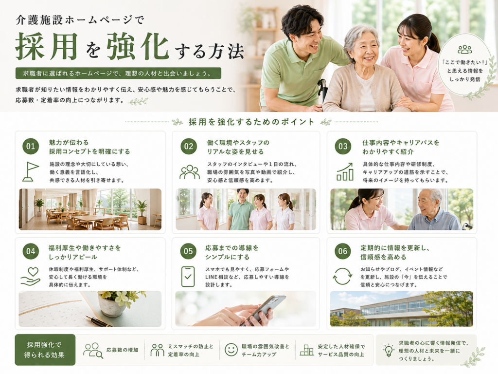 介護施設ホームページで採用を強化する方法|応募数・定着率を高める採用ページのポイント