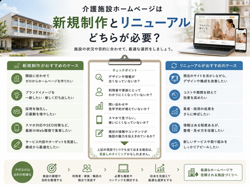 介護施設ホームページは新規制作とリニューアルのどちらが必要?選び方と判断ポイント