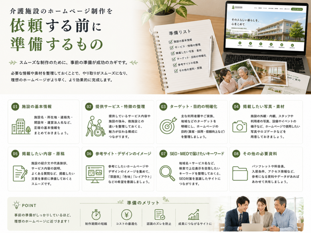介護施設ホームページ制作を依頼する前に準備するもの|写真・原稿・施設情報・目的の整理