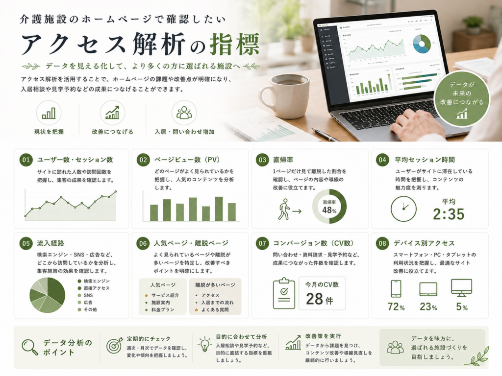 介護施設ホームページで確認したいアクセス解析の指標|PV・流入経路・問い合わせ数など