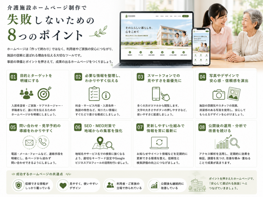 介護施設ホームページ制作で失敗しないためのポイント|集客・SEO・導線・運用の注意点