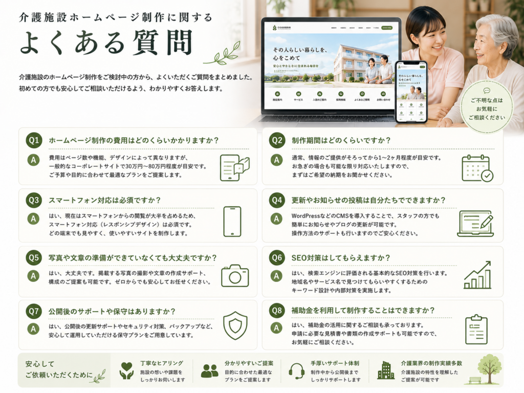 介護施設ホームページ制作に関するよくある質問|費用・制作期間・SEO・運用について解説