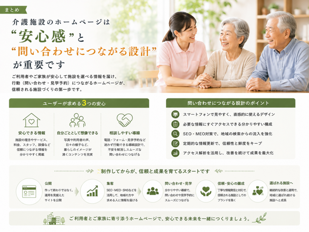 介護施設ホームページは安心感と問い合わせにつながる設計が重要|集客・見学予約を増やすポイント
