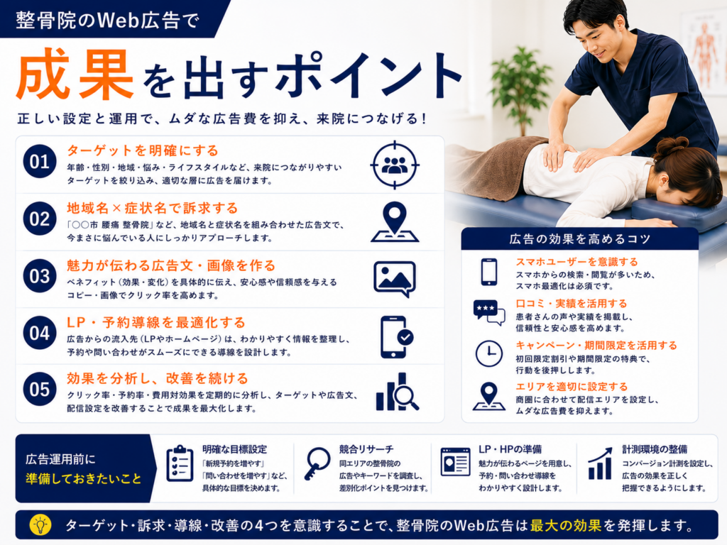 整骨院のWeb広告で成果を出すポイント｜ターゲット設定・広告訴求・予約導線・効果改善
