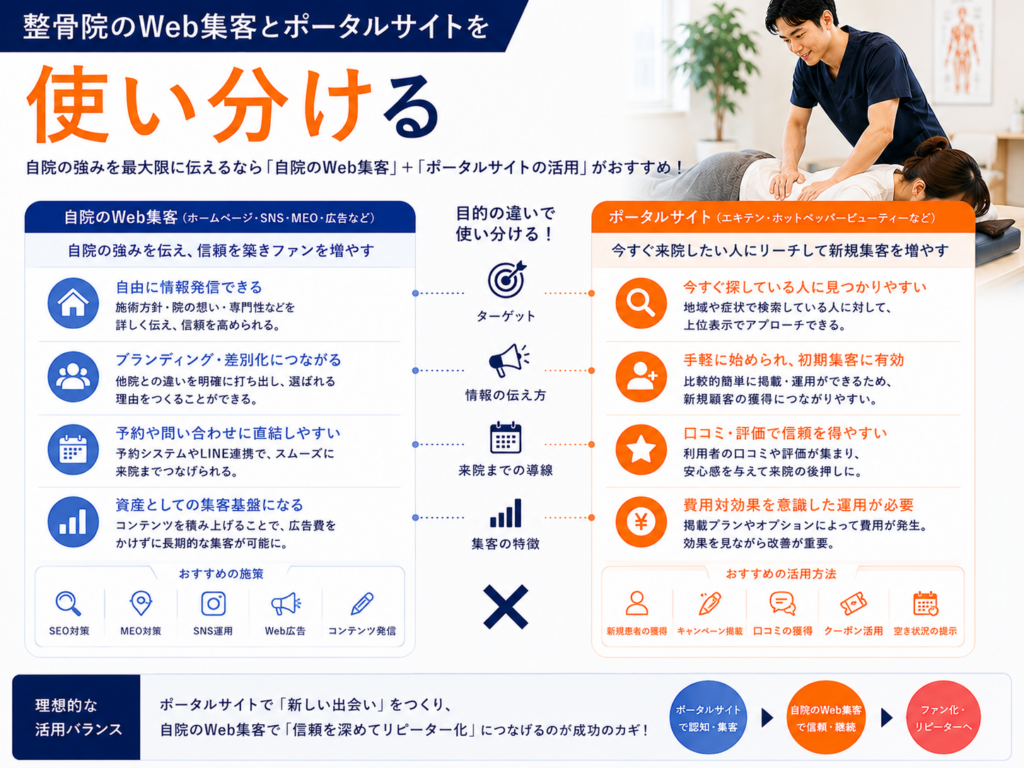 整骨院のWeb集客とポータルサイトを使い分けて新規患者獲得とリピーターにつなげる方法