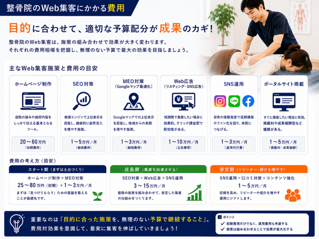 整骨院のWeb集客にかかる費用｜ホームページ制作・SEO・MEO・Web広告・SNSの費用目安