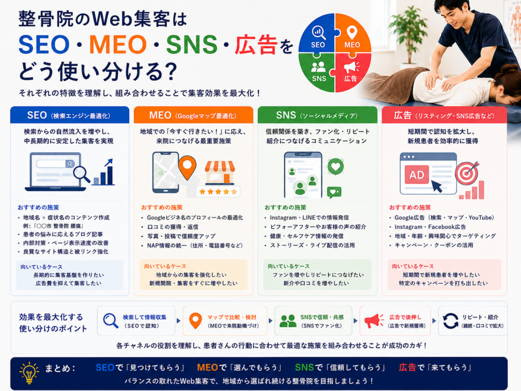 整骨院のWeb集客でSEO・MEO・SNS・Web広告を目的別に使い分ける方法