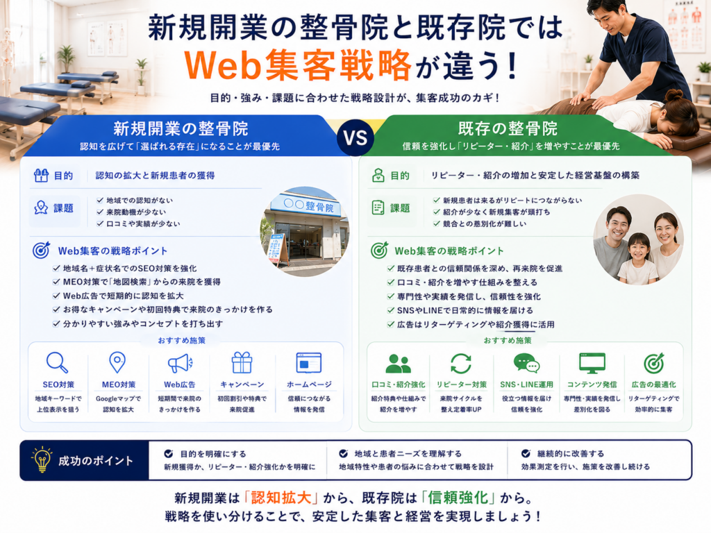 新規開業の整骨院と既存院のWeb集客戦略の違い｜SEO・MEO・広告・リピーター対策