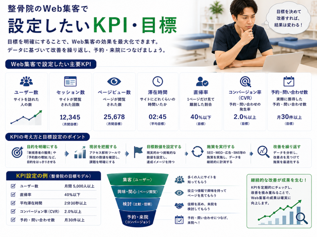 整骨院のWeb集客で設定したいKPI・目標｜アクセス数・CVR・予約・問い合わせ数の効果測定