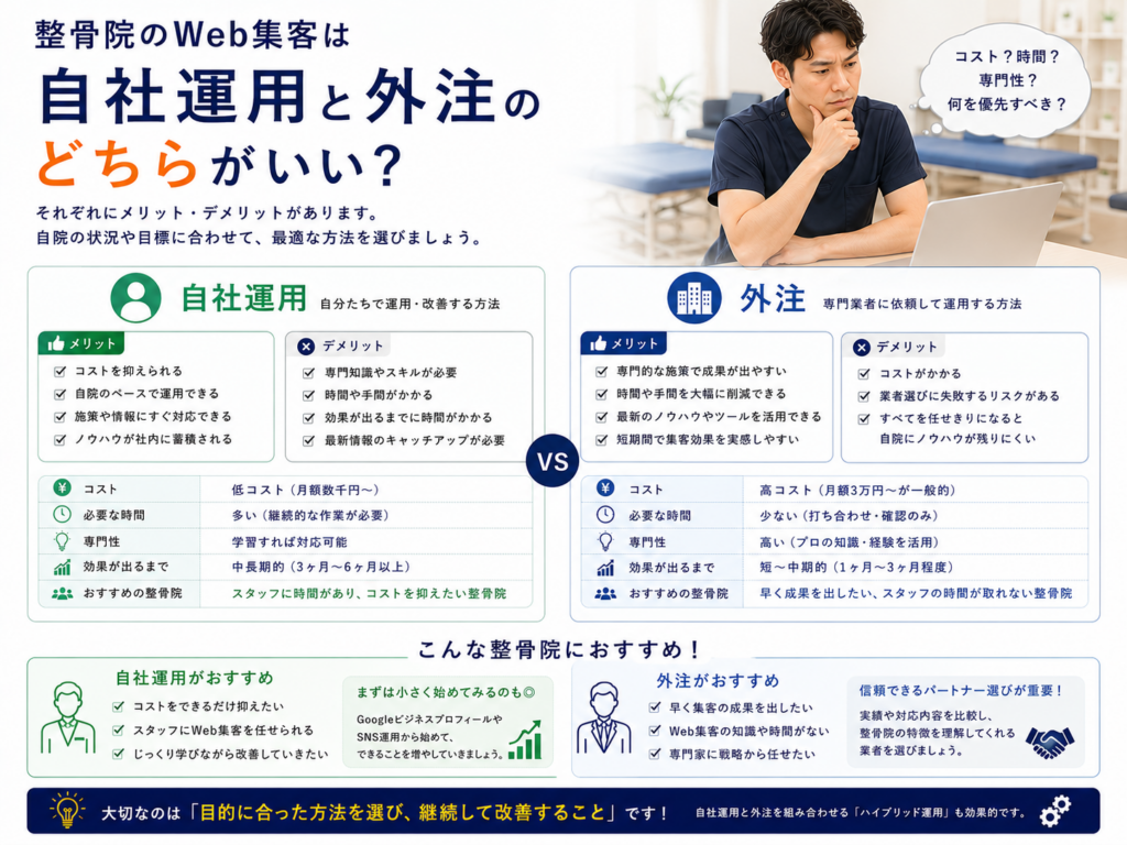 整骨院のWeb集客は自社運用と外注のどちらがいいかメリット・デメリットを比較