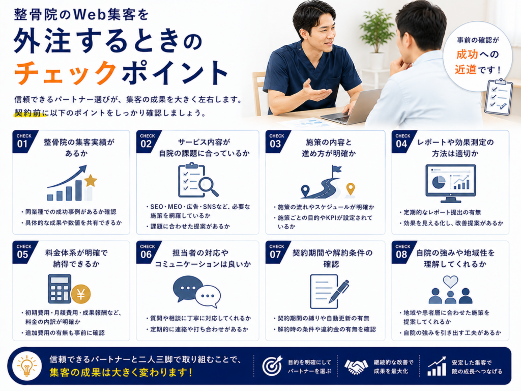 整骨院のWeb集客を外注するときのチェックポイント｜実績・料金・施策内容・効果測定・サポート体制の確認項目
