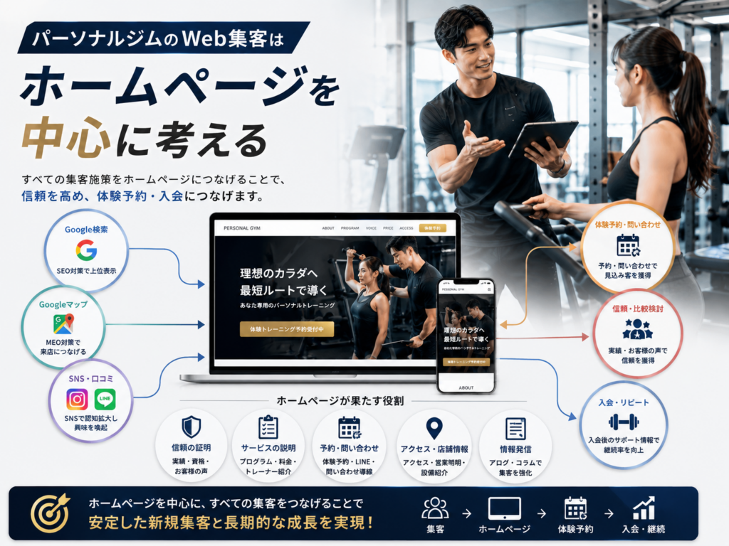 パーソナルジムのWeb集客でホームページを中心にSEO・MEO・SNSから体験予約につなげる方法
