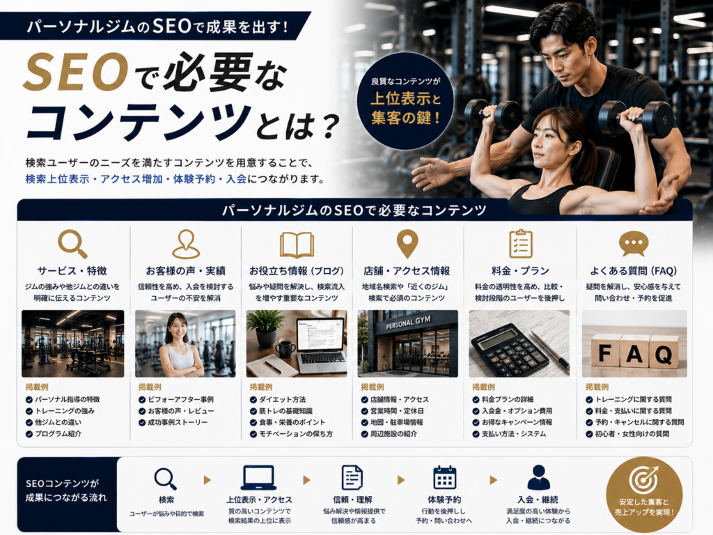 パーソナルジムSEOで必要なコンテンツと検索上位表示から体験予約・入会につなげる方法