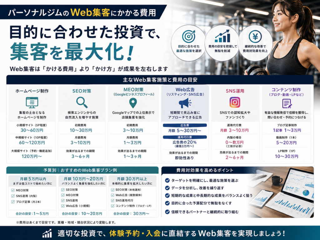 パーソナルジムのWeb集客にかかる費用とSEO・MEO・Web広告・SNSの料金目安